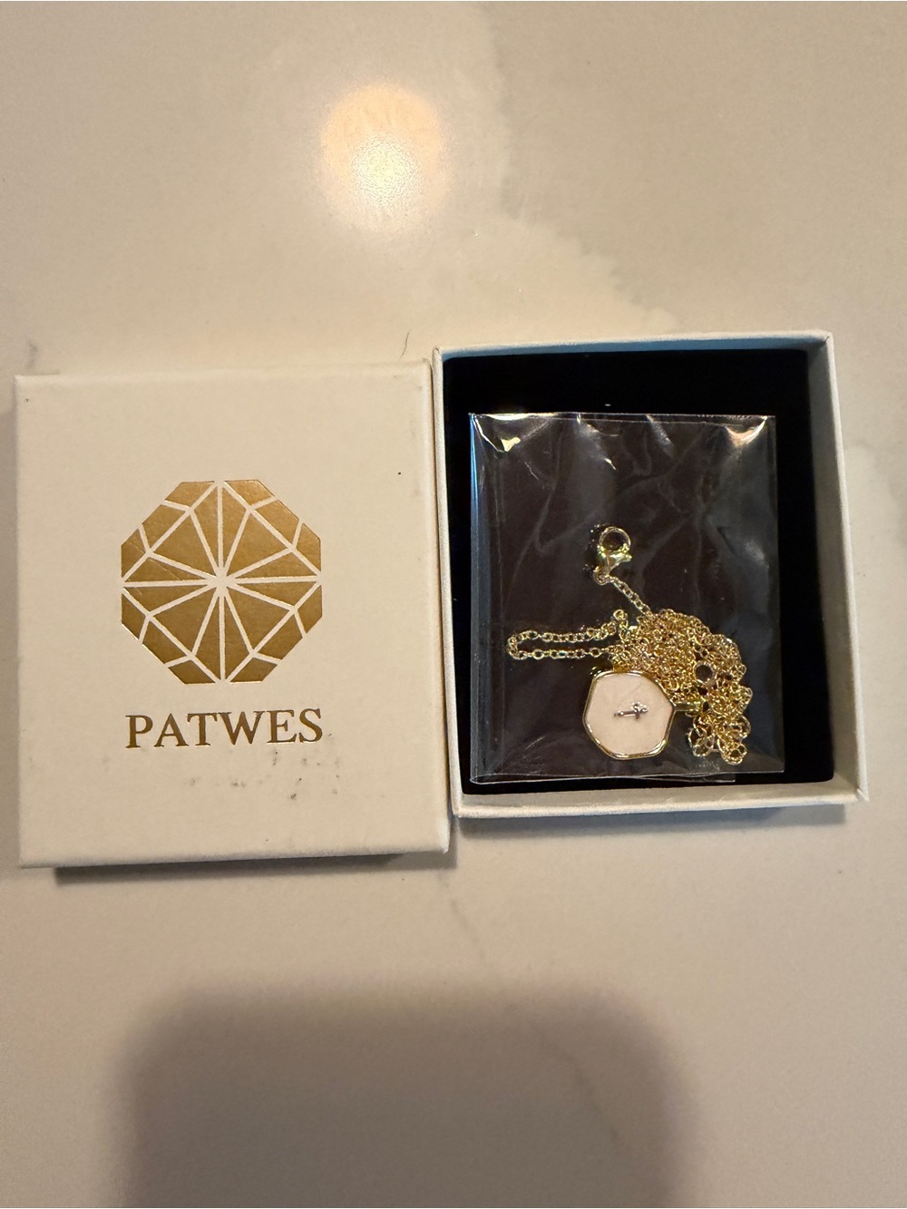 Gold Hexagon Pendant Necklace with White Inlay